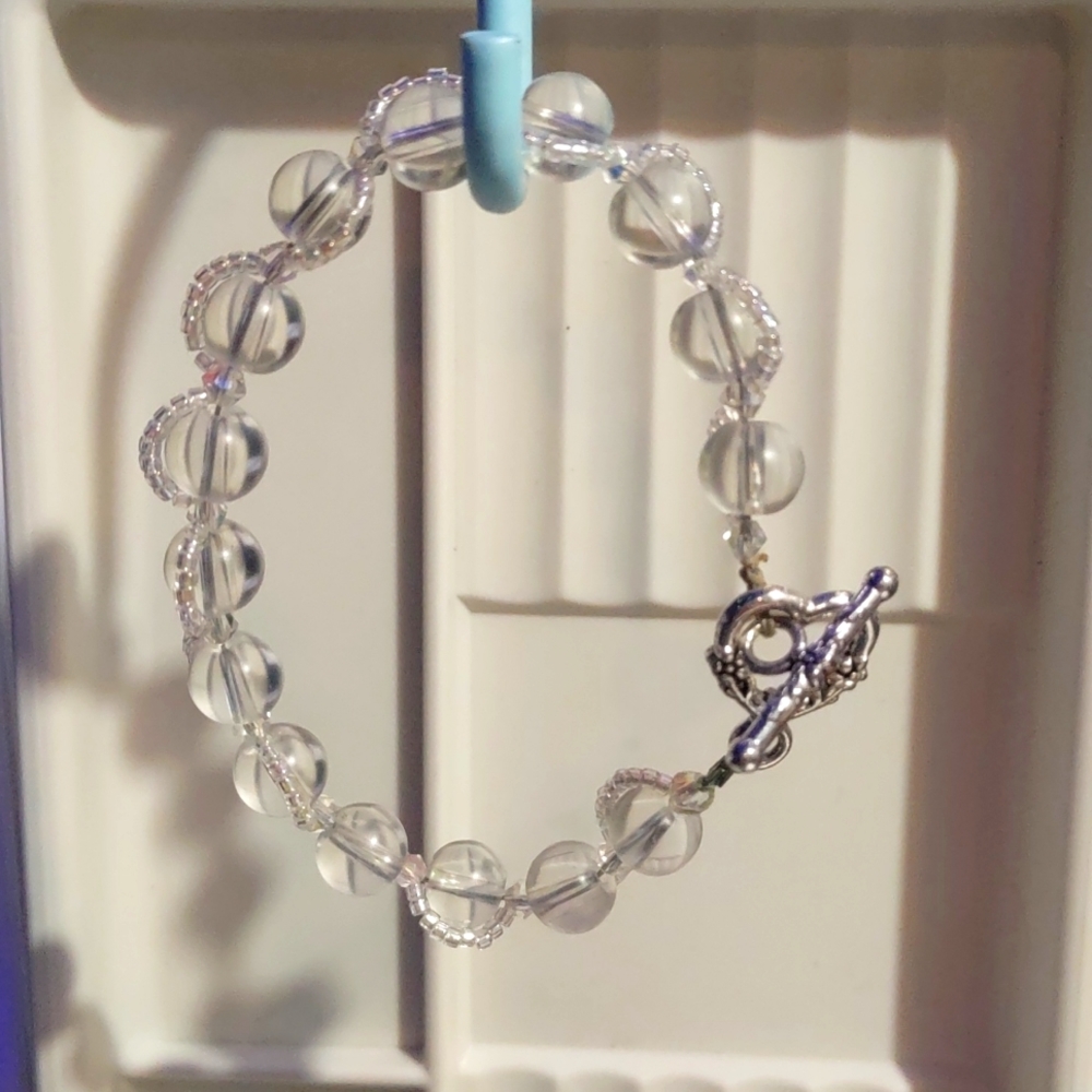 Clear Glass Bead Bracelet w/Clear AB Seed Beads, Toggle Clasp